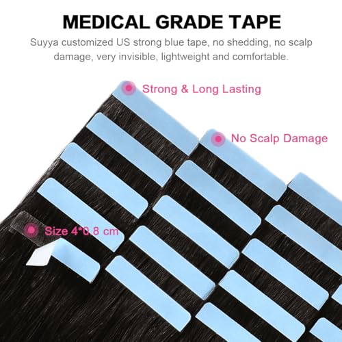 SUYYA Tape in Hair Extensions Natural Black 100% Remy Human 20 inches 20pcs 50g/pack Straight Seamless Skin Weft Hair(20 #1B Off Black) - Image 3