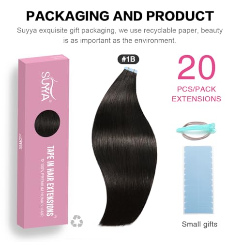 SUYYA Tape in Hair Extensions Natural Black 100% Remy Human 20 inches 20pcs 50g/pack Straight Seamless Skin Weft Hair(20 #1B Off Black) - Image 2
