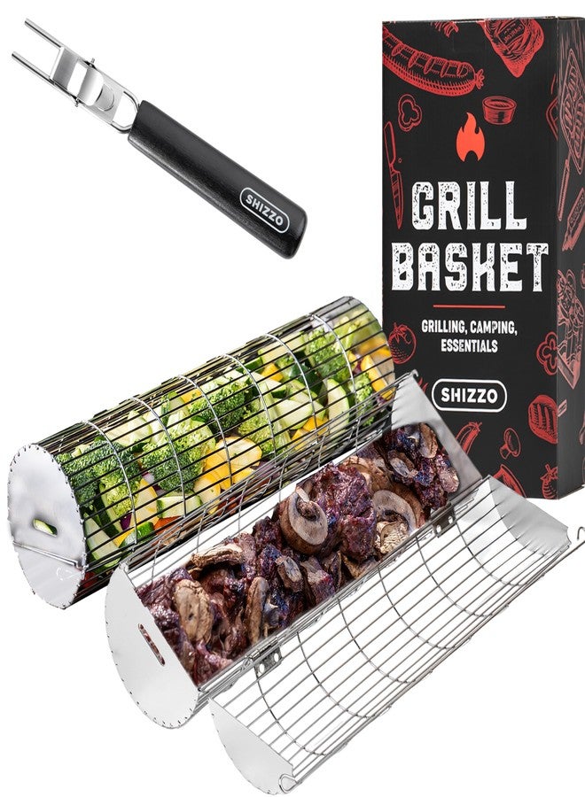 SHIZZO Rolling Grill Basket, SIde-Opening Cylinder Grilling Basket, Food Grade Stainless Steel, Large Portable Outdoor Camping accessories BBQ Net Rack, Cooking Griller for Fish, Vegetables, and More - Set - Image 1
