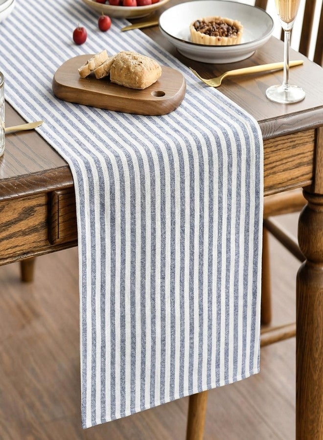 Breling Blue and White Striped Table Runner Cotton Linen Farmhouse Table Runner for Dining Kitchen Coffee Centerpiece Rustic Home Decor Spring Summer (14 x 60 Inch) - Image 1