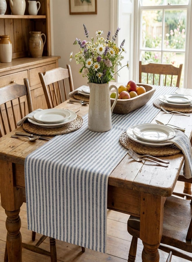 Breling Blue and White Striped Table Runner Cotton Linen Farmhouse Table Runner for Dining Kitchen Coffee Centerpiece Rustic Home Decor Spring Summer (14 x 60 Inch) - Image 4