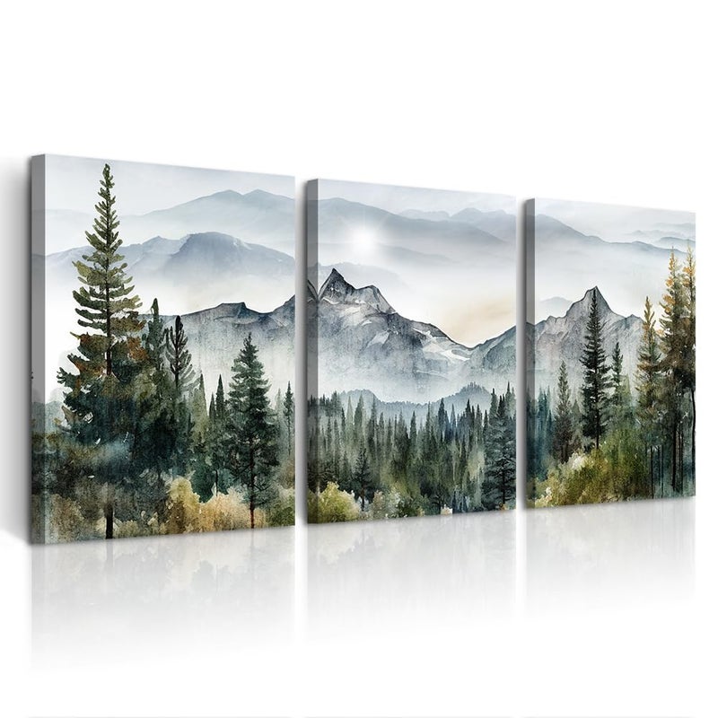 DZRWUBHS Wall Art for Living Room Wall Decor for Bedroom Office Decor Abstract Mountain Forest Landscapes Ink Painting 3 Piece Framed Canvas Art Prints Ready to Hang Wall Pictures Modern Home Decor - Image 2