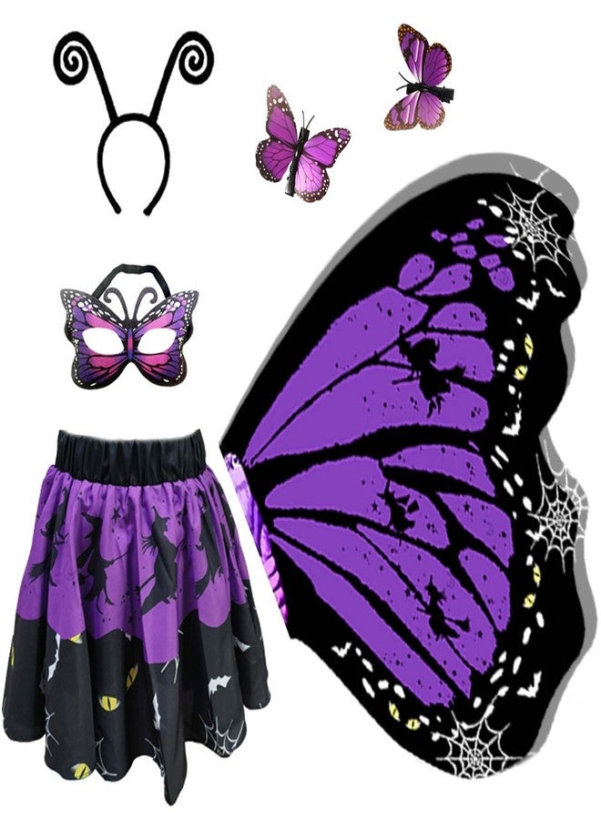 Jackcell Butterfly Costume for Girls,Double-Sided Fairy Wings Halloween Costumes Set,Butterfly Wing with Skirt Dress Up for Kids Party (Purple) - Image 1