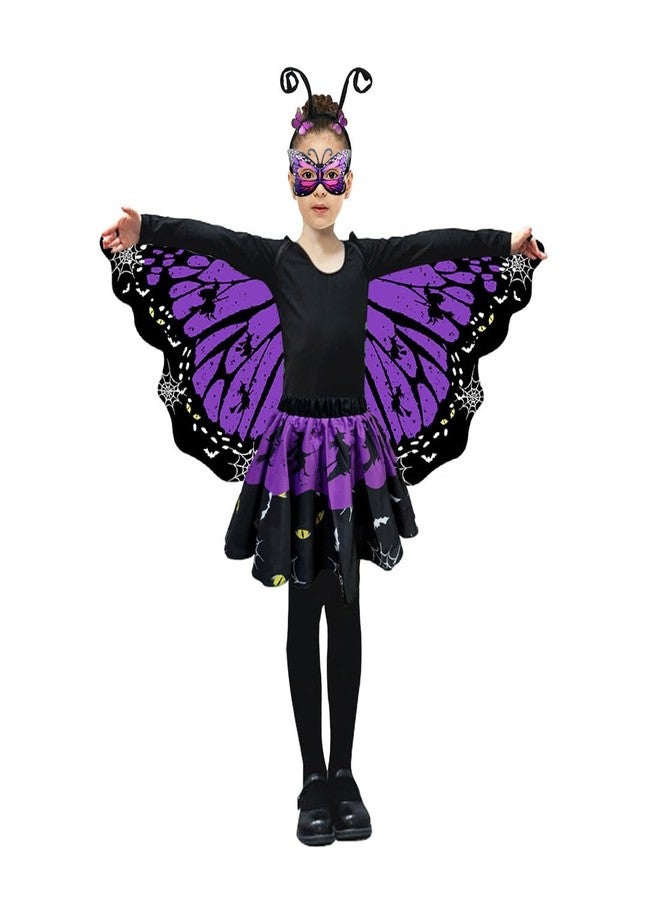 Jackcell Butterfly Costume for Girls,Double-Sided Fairy Wings Halloween Costumes Set,Butterfly Wing with Skirt Dress Up for Kids Party (Purple) - Image 3
