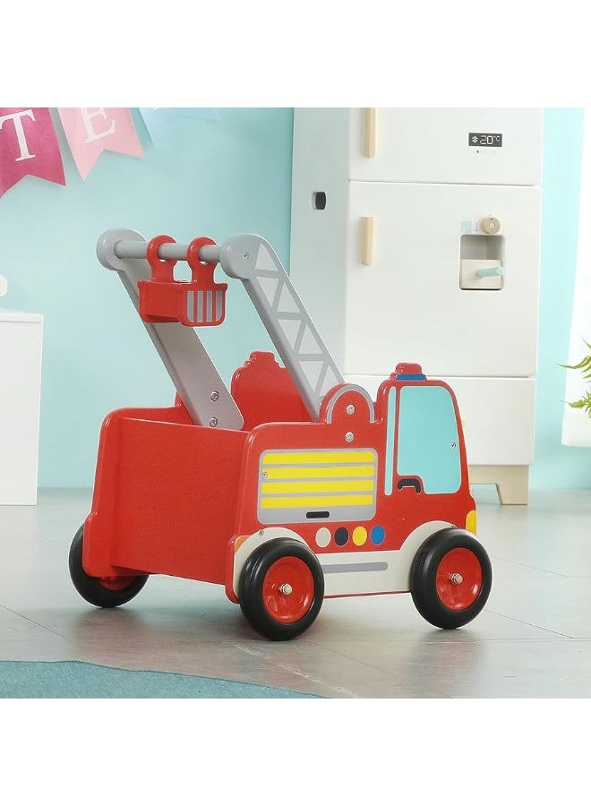 labebe Red Fire Truck Wooden Baby Push Walker - 2-in-1 Toddler Push & Pull Toys Learning Walker Stroller Walker with Wheels for Baby Girls Boys 1-3 Years Old - Image 1
