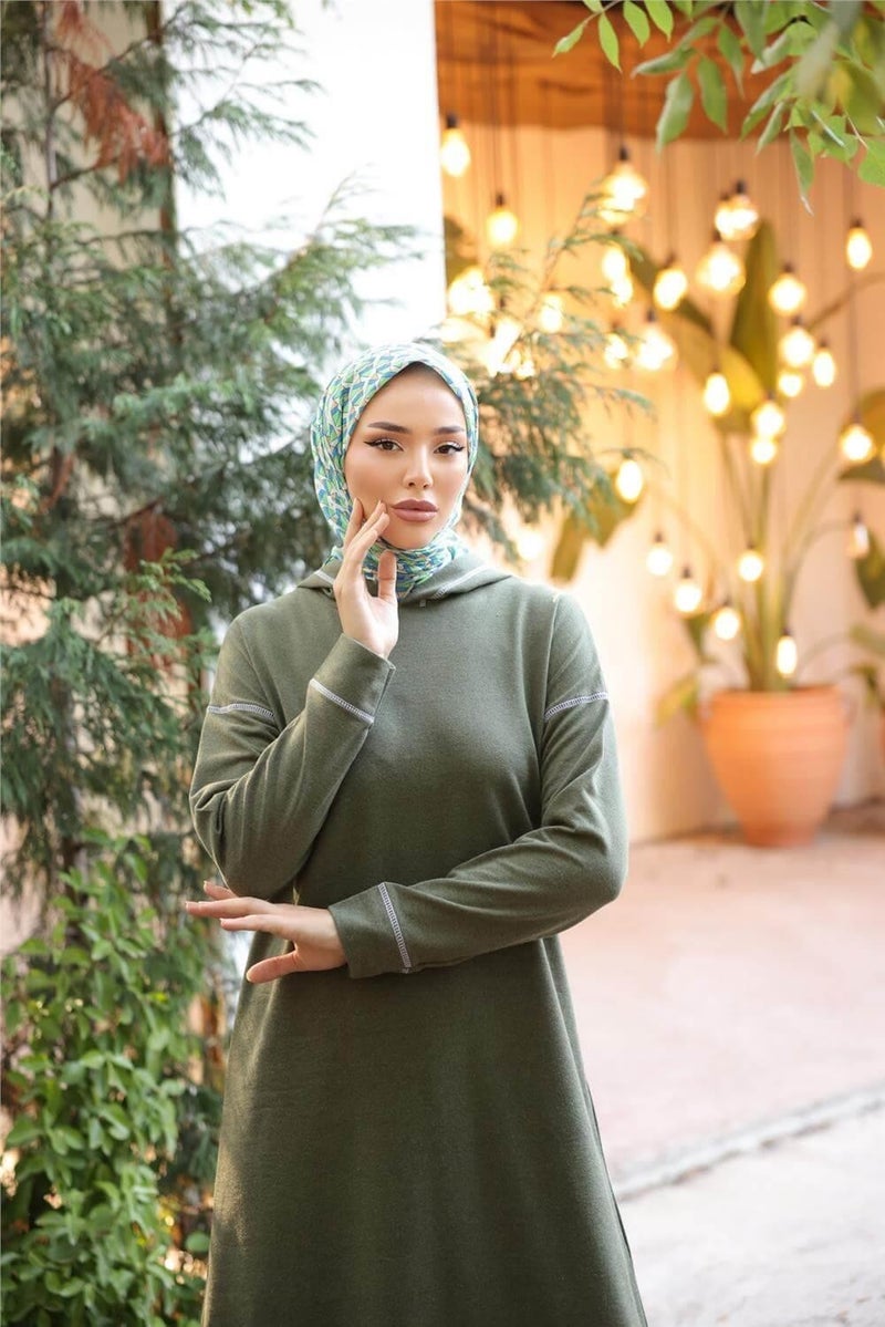Bwest Hooded Long Sweat Pants Double Hijab Tracksuit Set - 03082.005 - Khaki - Image 3