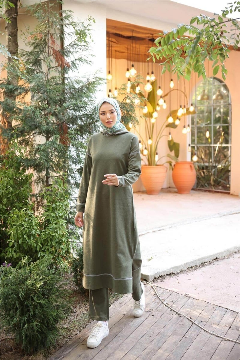 Bwest Hooded Long Sweat Pants Double Hijab Tracksuit Set - 03082.005 - Khaki - Image 4