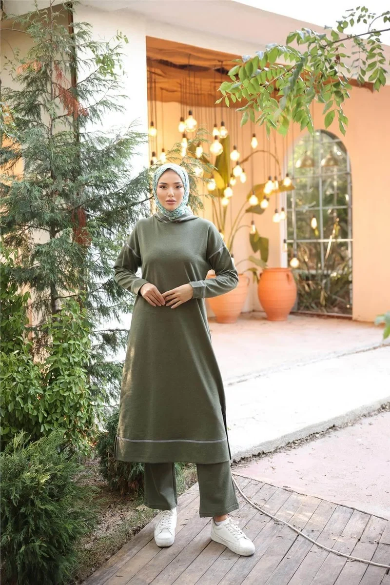 بي ويست Hooded Long Sweat Pants Double Hijab Tracksuit Set - 03082.005 - Khaki