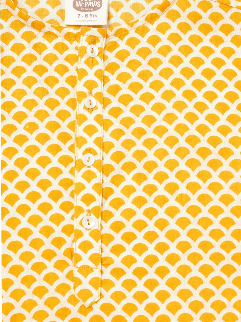 Cub McPaws Boys Cotton Kurta - Yellow Geometric Pattern, Full Sleeve, Regular Fit, 4-12 Years - Image 2