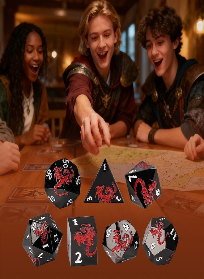 DND DADO Metal DND Dice - Red Dragon Embossed Pattern, 7 Piece Polyhedral DND Dice Set, DND Starter Set, D&D Gift with Gift Bag, Role Playing Game DND Accessories, Black - Image 5