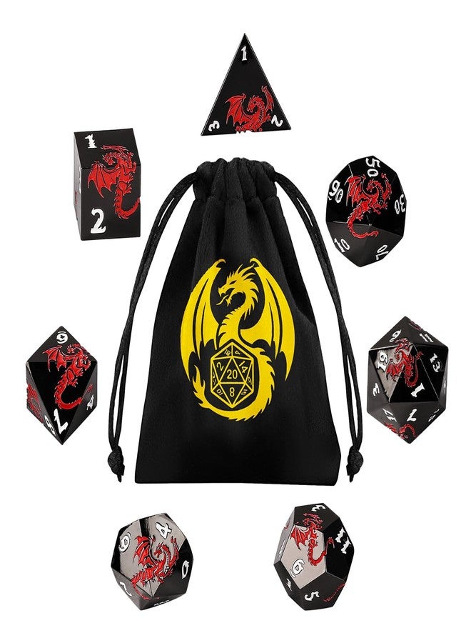 DND DADO Metal DND Dice - Red Dragon Embossed Pattern, 7 Piece Polyhedral DND Dice Set, DND Starter Set, D&D Gift with Gift Bag, Role Playing Game DND Accessories, Black - Image 2