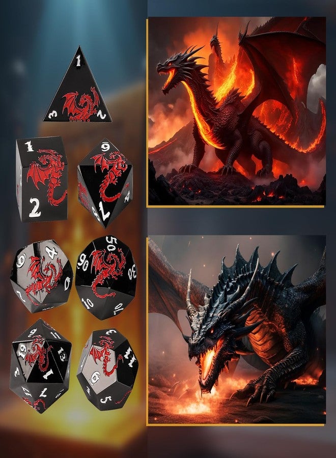 DND DADO Metal DND Dice - Red Dragon Embossed Pattern, 7 Piece Polyhedral DND Dice Set, DND Starter Set, D&D Gift with Gift Bag, Role Playing Game DND Accessories, Black - Image 3