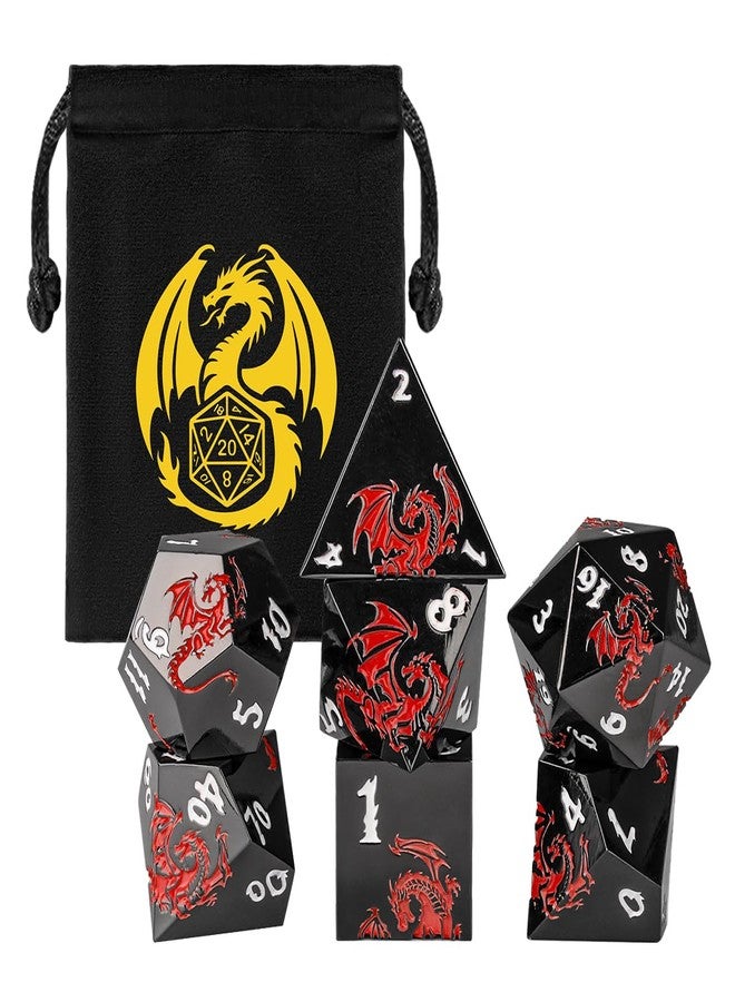 DND DADO Metal DND Dice - Red Dragon Embossed Pattern, 7 Piece Polyhedral DND Dice Set, DND Starter Set, D&D Gift with Gift Bag, Role Playing Game DND Accessories, Black - Image 1