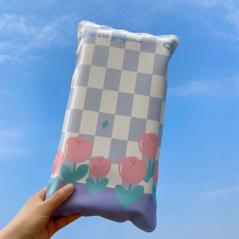 Reusable Cooling Pad Mat For Bed Pillow Hot Flashes Relief Blue Plaid Tulips - Image 4