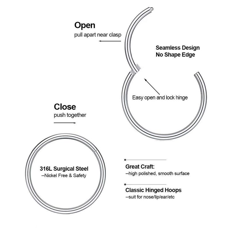 M MOOHAM 20g Silver Nose Ring, Hypoallergenic Surgical Steel Hinged Small Nose Ring, 20 Gauge 9mm Septum Ring for Women, Piercing Jewelry for Cartilage Hoop, Tragus, Lip, Conch - Image 2