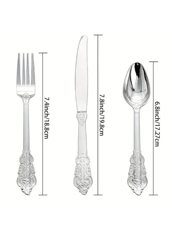 120pcs Reusable Plastic Cutlery Set Silver Vintage Baroque for Weddings Parties - Image 3