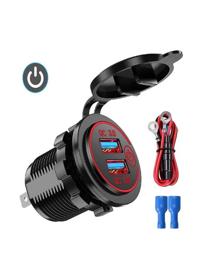 شاحن USB مزدوج QC3.0 سريع 12–24 فولت مع مفتاح لمس، مخصص للسيارات والدراجات النارية والقوارب، مثالي لتعديل المركبات. - Image 1