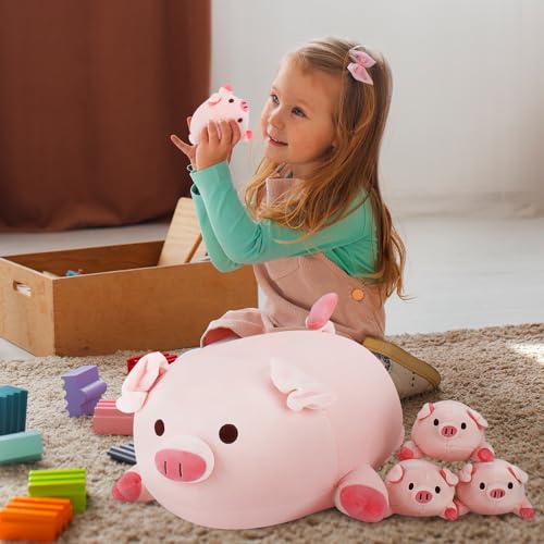 Achwishap 5PCS Pig Family,Pig Stuffed Animal Mommy with 4 Pig Babies Plush,Cute Pig Plush Pillow Cushion Doll,Kawaii Pig Plush Toy Hugging Pillow for Kids Adult(16” Pig Family) - Image 3