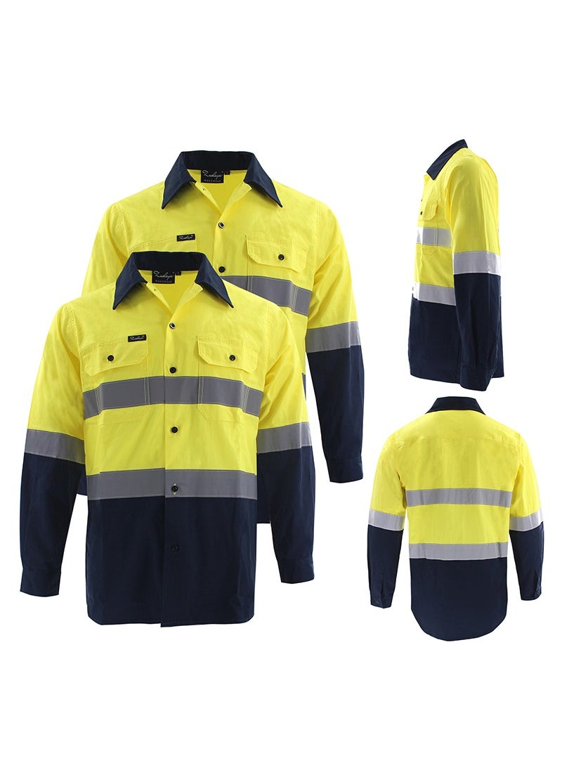 Zuolaya - Reflective Safety Workwear High Visibility T-Shirt for Construction Work Safety Long Sleeve Shirts with Pockets Yellow/Navy - Image 1