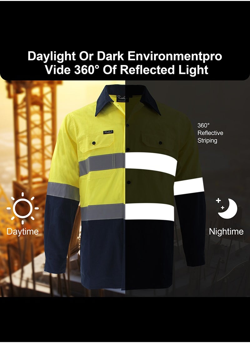 Zuolaya - Reflective Safety Workwear High Visibility T-Shirt for Construction Work Safety Long Sleeve Shirts with Pockets Yellow/Navy - Image 1