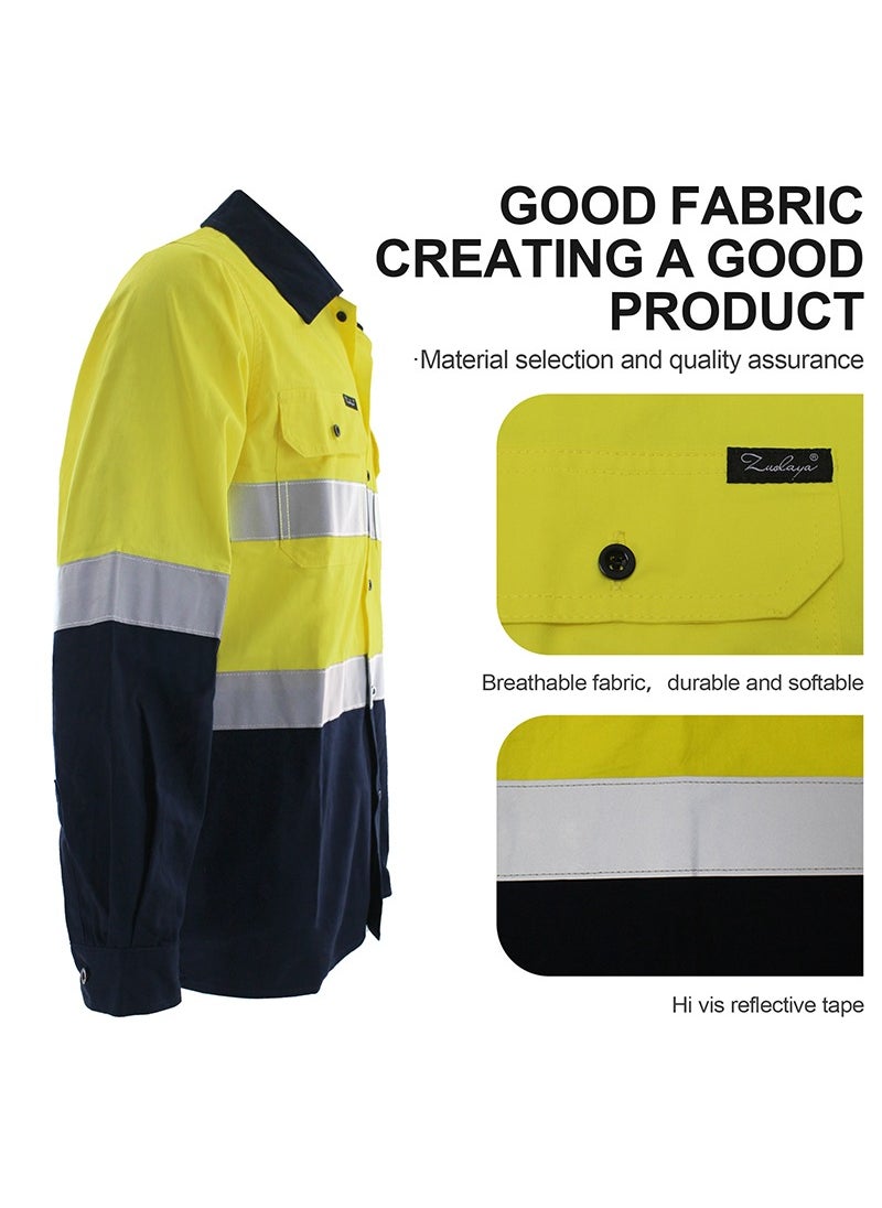 Zuolaya - Reflective Safety Workwear High Visibility T-Shirt for Construction Work Safety Long Sleeve Shirts with Pockets Yellow/Navy - Image 1
