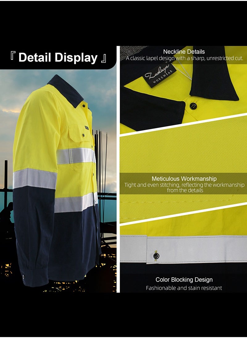 Zuolaya - Reflective Safety Workwear High Visibility T-Shirt for Construction Work Safety Long Sleeve Shirts with Pockets Yellow/Navy - Image 1