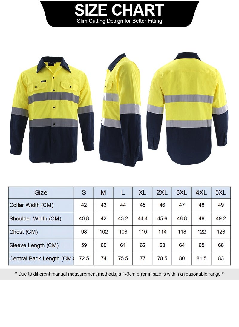Zuolaya - Reflective Safety Workwear High Visibility T-Shirt for Construction Work Safety Long Sleeve Shirts with Pockets Yellow/Navy - Image 1