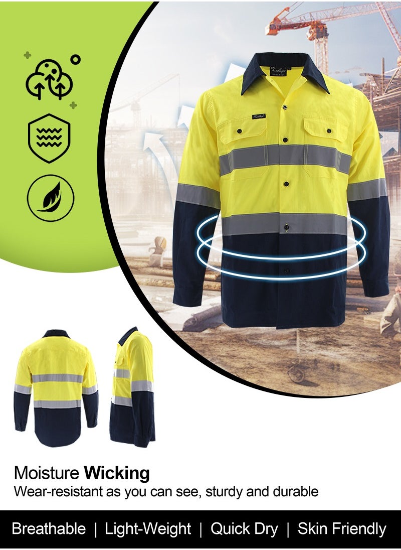 Zuolaya - Reflective Safety Workwear High Visibility T-Shirt for Construction Work Safety Long Sleeve Shirts with Pockets Yellow/Navy - Image 1