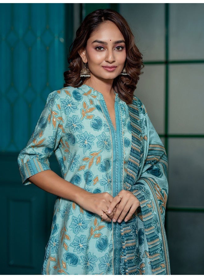 AKS AKS Couture Floral Printed Mandarin Collar Regular Straight Kurta With Palazzos & Dupatta  - Image 2