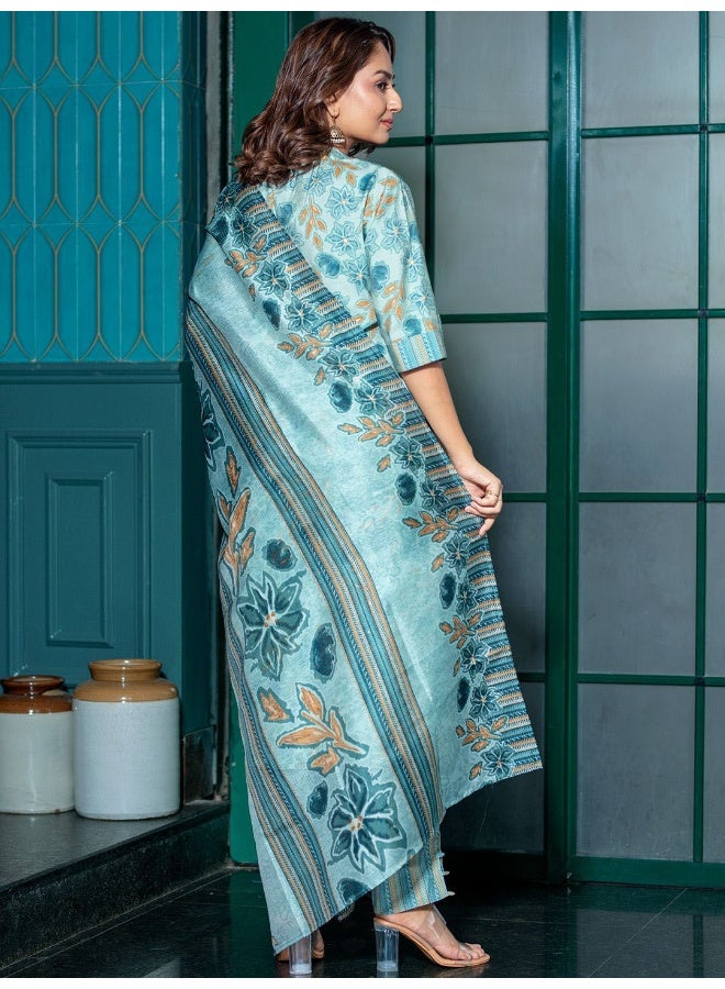 AKS AKS Couture Floral Printed Mandarin Collar Regular Straight Kurta With Palazzos & Dupatta  - Image 4