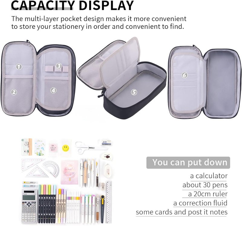 ANGOO Large Capacity Pencil Pouch for Students – Waterproof Multi-Layer Stationery Organizer with Zipper, Durable Pen Case for School, Office & College Use – Black - Image 4