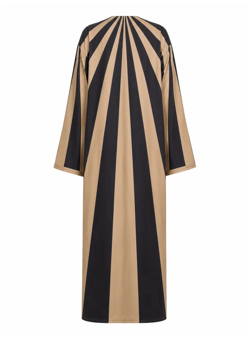 Amnad International Solar Eclipse Silk Abaya with Matching Chiffon Hijab - Sand Beige & Midnight Black Sunburst Print, Sizes 52-60 inches