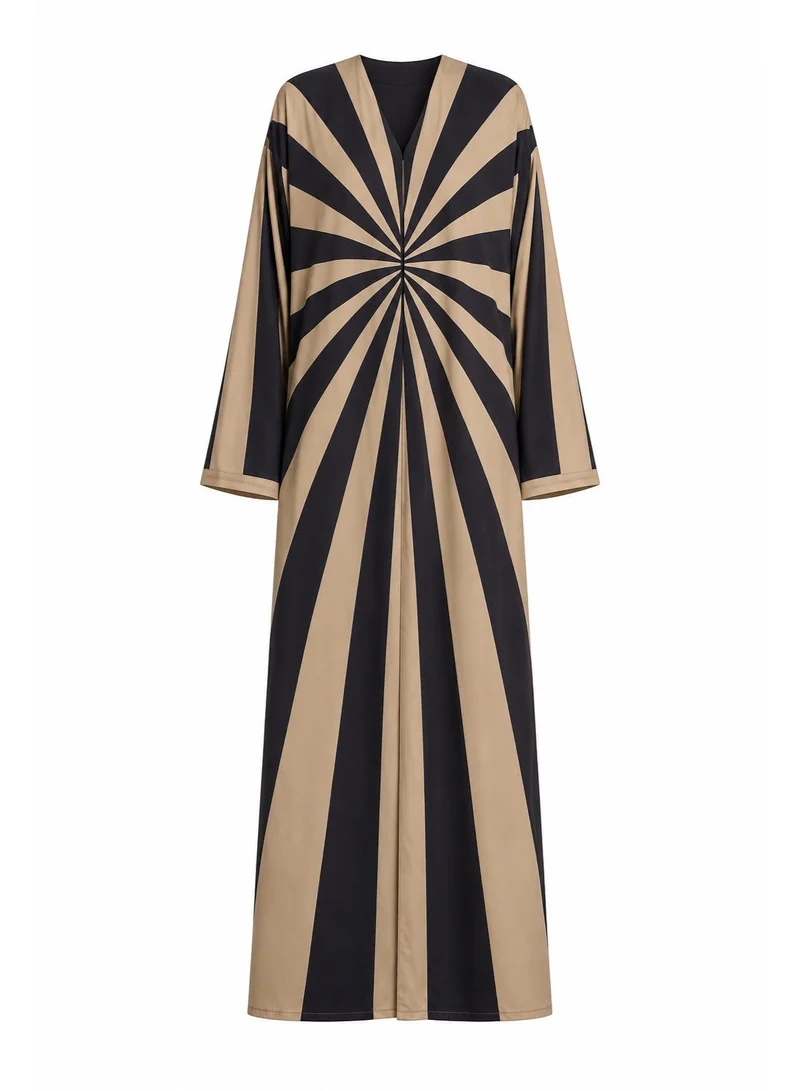 Solar Eclipse Silk Abaya with Matching Chiffon Hijab - Sand Beige & Midnight Black Sunburst Print, Sizes 52-60 inches