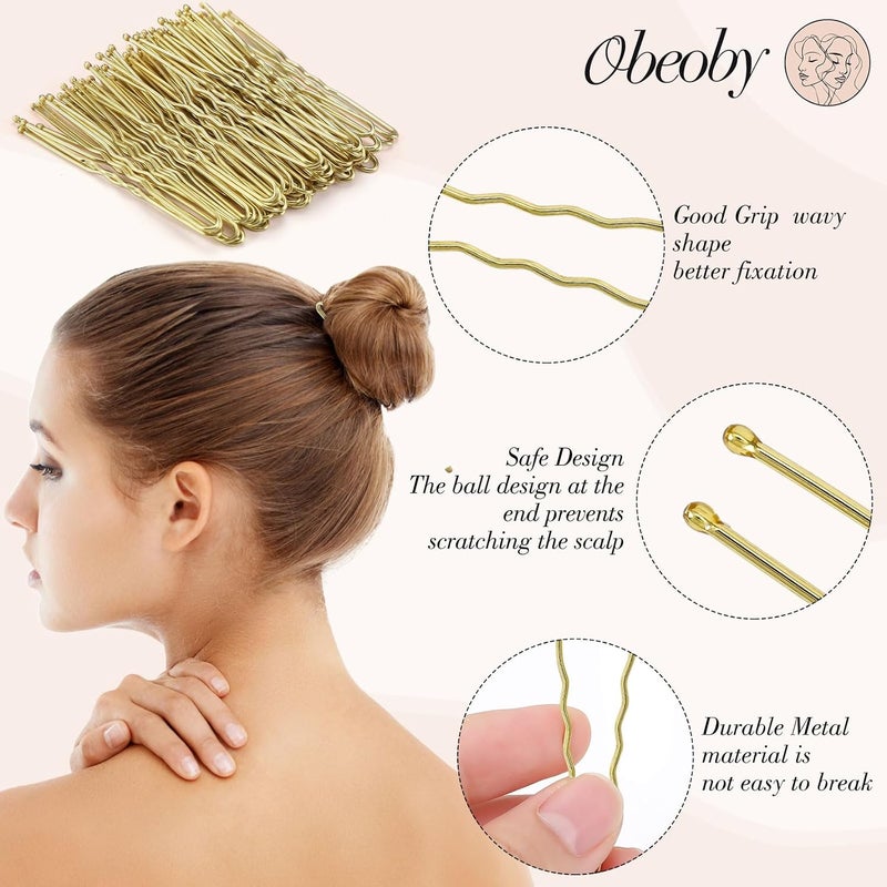 obeoby مجموعة مكونة من 460 قطعة من دبابيس الشعر وربطات الشعر، 220 دبوس شعر - مقاسان و240 ربطة شعر مع صندوق تخزين للنساء والفتيات لتسريحات الزفاف (ذهبي) - Image 3