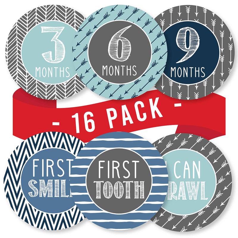 Hadley Designs 16 Monthly Baby Milestone Stickers Boy-Blue Baby Monthly Milestone Stickers for Baby Boy - Image 1