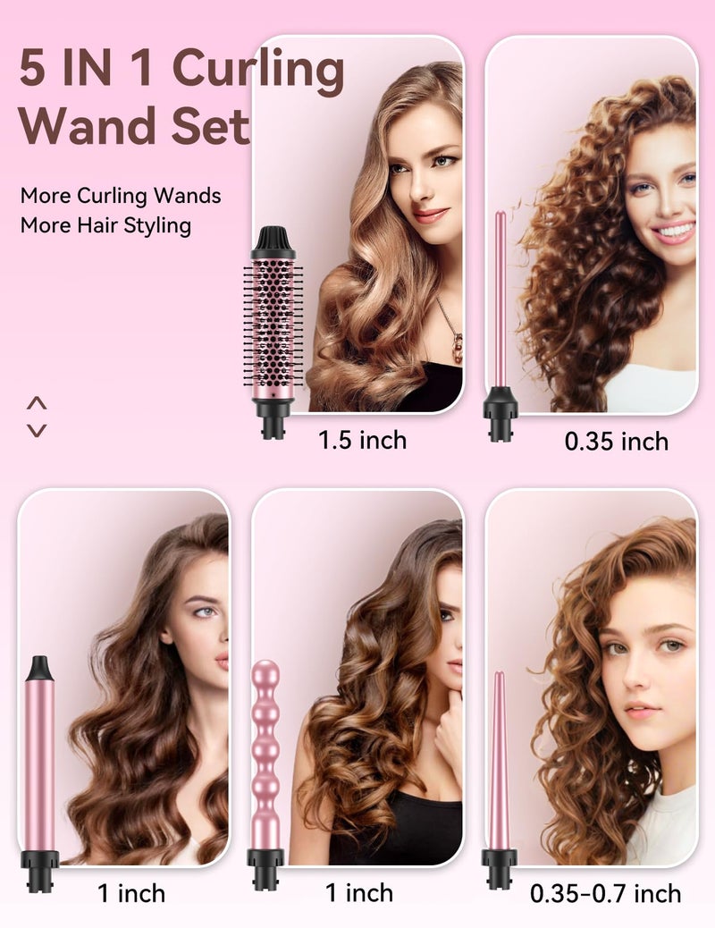 LANDOT 5-in-1 Curling Iron Wand & Thermal Brush Set: Create a Salon Blowout, Bouncy Curls, Waves & Tight Spirals with Interchangeable Barrels (9-32mm) & 38mm Heated Round Brush for All Hair Types - Image 2
