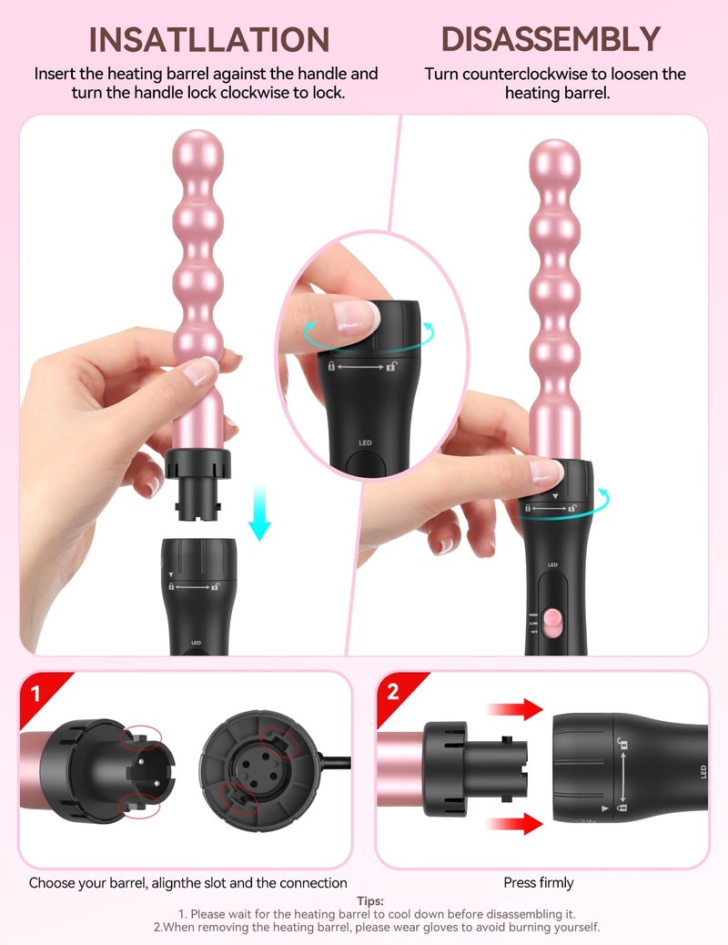 LANDOT 5-in-1 Curling Iron Wand & Thermal Brush Set: Create a Salon Blowout, Bouncy Curls, Waves & Tight Spirals with Interchangeable Barrels (9-32mm) & 38mm Heated Round Brush for All Hair Types - Image 3