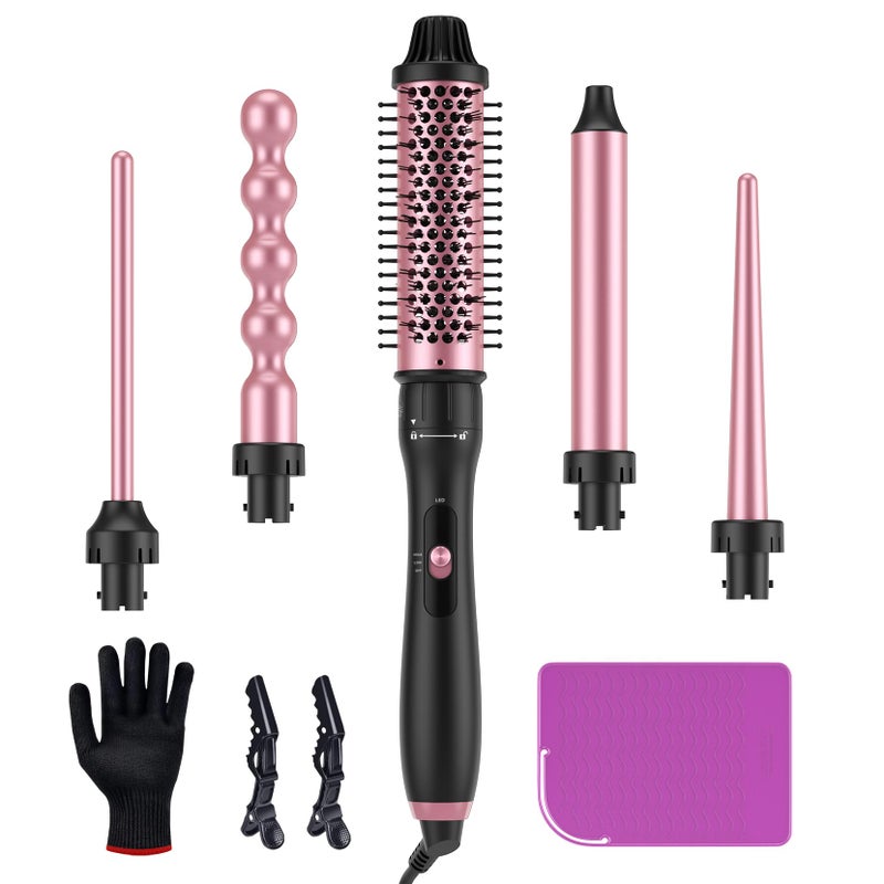 LANDOT 5-in-1 Curling Iron Wand & Thermal Brush Set: Create a Salon Blowout, Bouncy Curls, Waves & Tight Spirals with Interchangeable Barrels (9-32mm) & 38mm Heated Round Brush for All Hair Types - Image 1