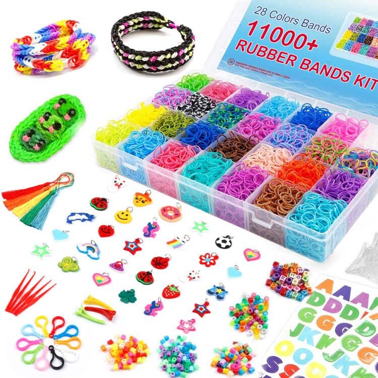 INSCRAFT Rubber Band Refill Kit Over 11000 Rubber Bands 28 Colors with Container 600 Clips 200 Beads 52 ABC Beads Premium Bracelet Making Refill Kit for Girls Kids Gift DIY Craft - Image 1