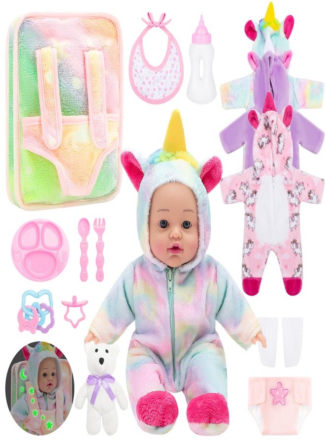 deAO 12 Inch Soft Baby Doll Backpack Glow in Dark Carrier Playset Toys Baby Care Doll Toys Set with 12''Doll Clothes Bottle Accessories Birthday Gift for Toddlers Boys Girls - Image 1