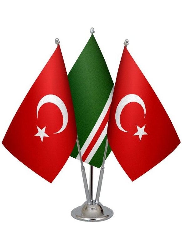 Saturndesign - Desktop Ichkeria Chechen Flag Turkish Flag Triple Chrome Pole Table Flag Set - Image 1