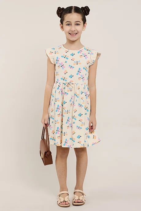 R&B Printed Knit Dress with Crew Neck and Flutter Sleeves