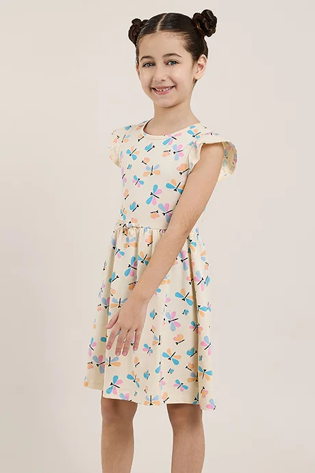 R&B Printed Knit Dress with Crew Neck and Flutter Sleeves