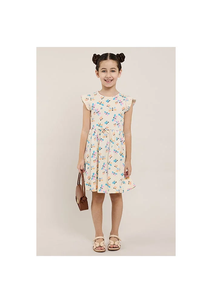 R&b Printed Knit Dress with Crew Neck and Flutter Sleeves