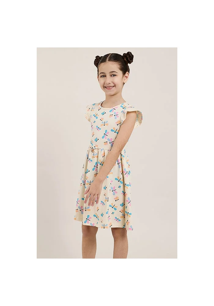 R&b Printed Knit Dress with Crew Neck and Flutter Sleeves