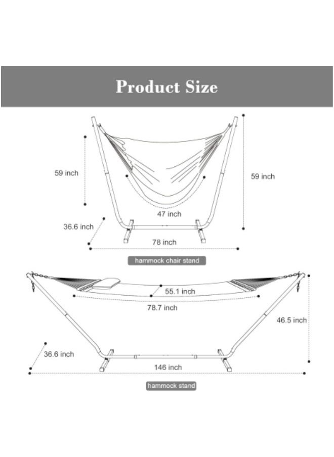 Single Double Hammock with Stand, Portable Camping Hammock Space-saving Steel Stand, Adjustable Base Height Canvas Hammock Set, 450lb Capacity with Carry Bag