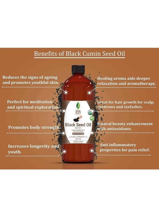 SVA Organics - USDA Certified Organic Black Seed Carrier Oil (16 Oz)- GUARANTEED 100% Pure & Natural, Authentic & Premium Therapeutic Grade Cold Pressed, Unrefined, Best For Skin, Hair - Image 1