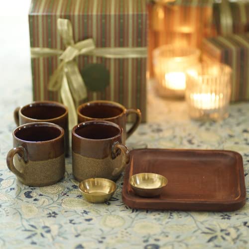 Courtyard Ceramic & Wood & Cast Brass Siekar Tea and Snack Gift Set|Gold & Brown|100 ML|