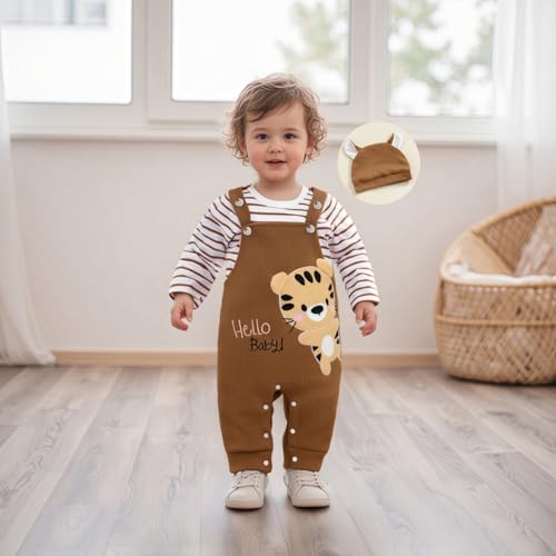 Bonangber Newborn Baby Boy Fall Winter Clothes Striped Long Sleeve Romper Tiger Overall Pants Hat 3Pcs Set Cute Coming Home Outfit(C-Brown Tiger,9-12 Months) - Image 2