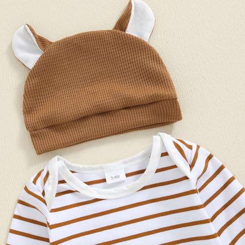 Bonangber Newborn Baby Boy Fall Winter Clothes Striped Long Sleeve Romper Tiger Overall Pants Hat 3Pcs Set Cute Coming Home Outfit(C-Brown Tiger,9-12 Months) - Image 3
